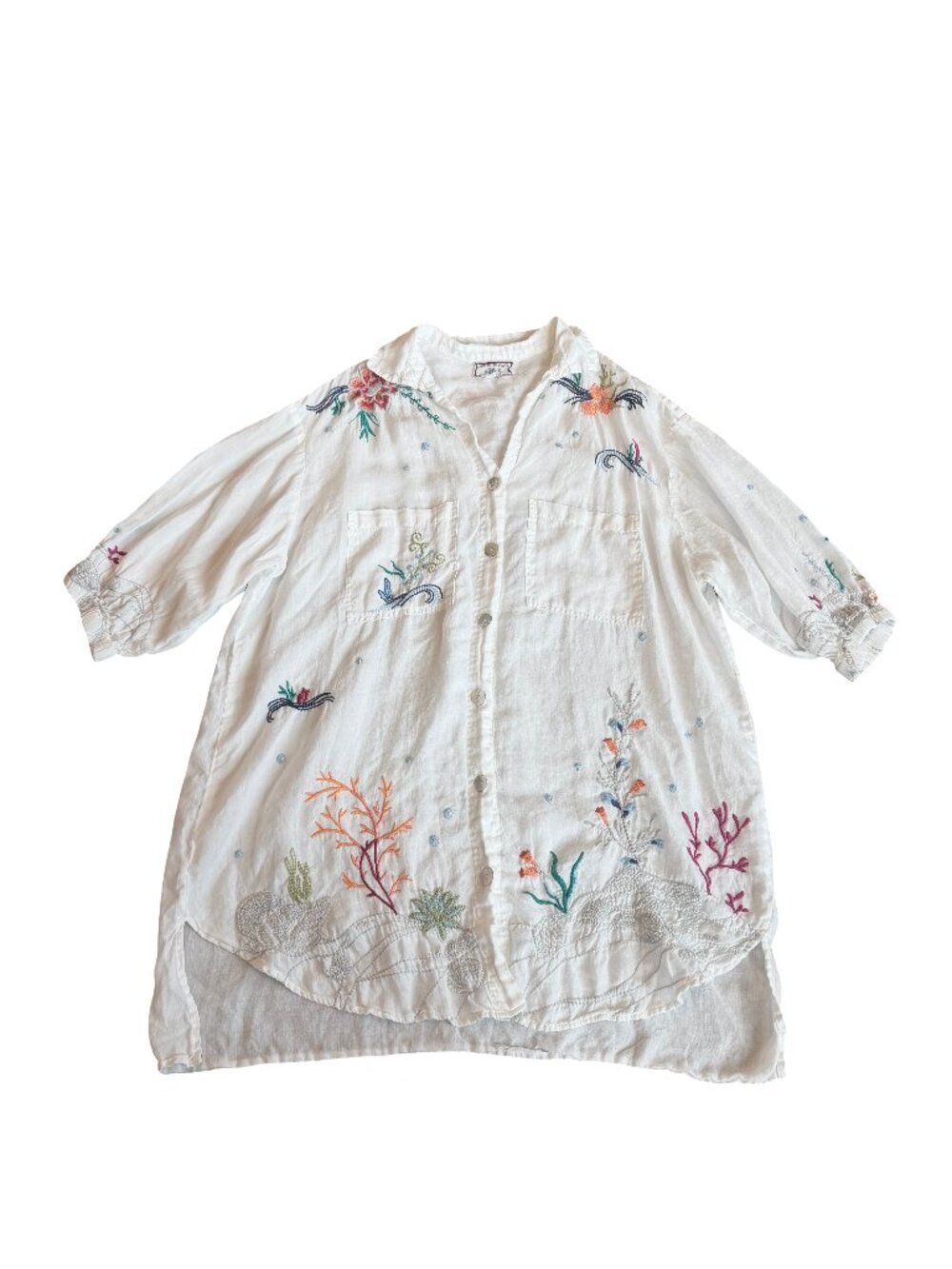 Johnny Was Workshop White Coral Reef Embroidered Tunic Shirt Beach Large Women's